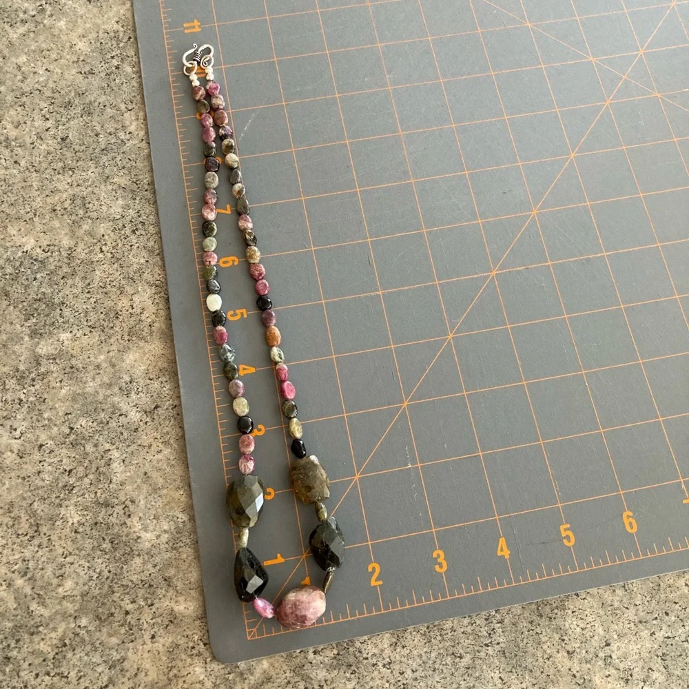 📿 Watermelon Tourmaline Crystal Necklace, 20” Long, EUC